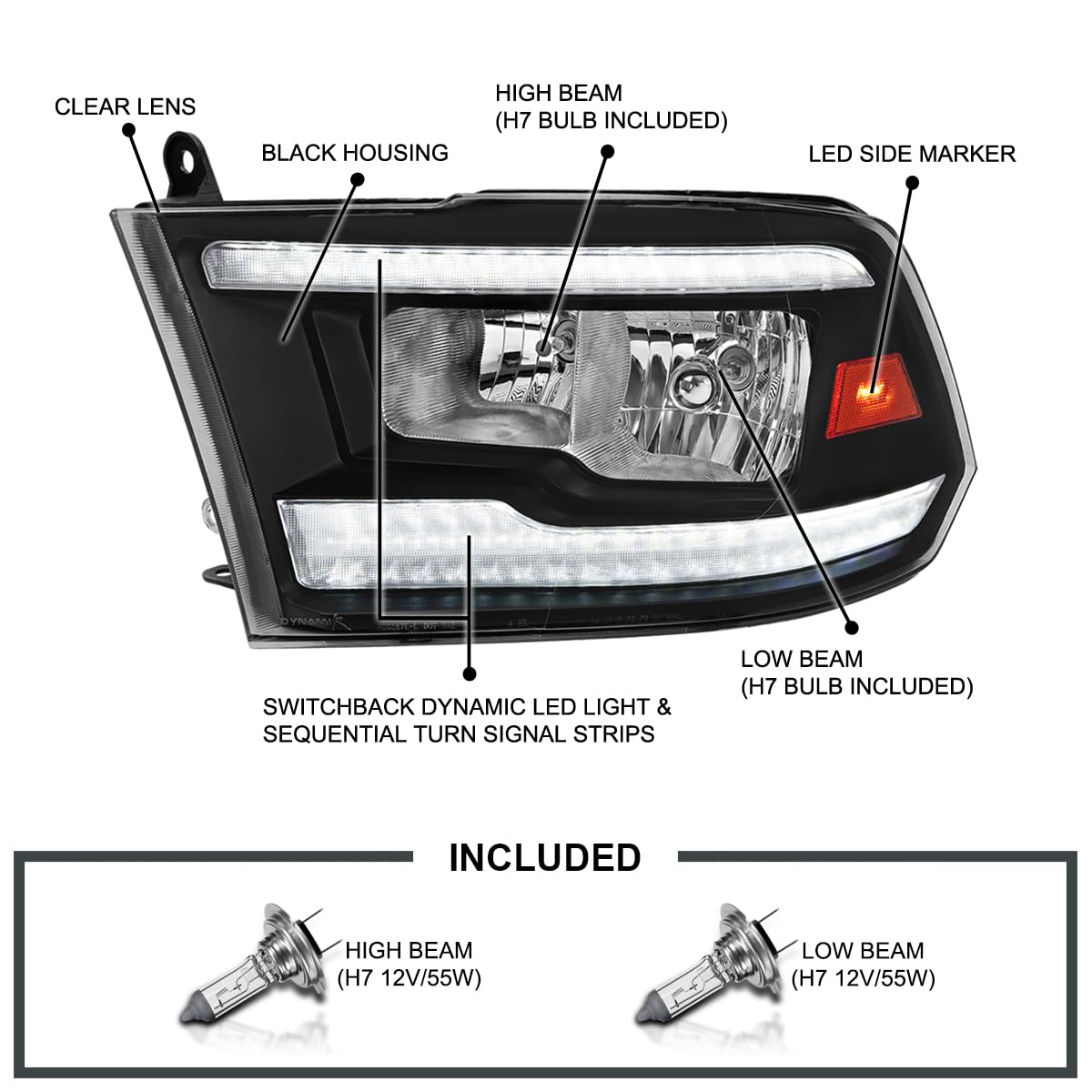 Switchback SPEC-D TUNING Black Sequential LED Signal Strip Headlights w/Startup Animation Compatible with 2009-2018 Dodge Ram 1500, 2010-2018 Ram 2500 3500, Left + Right Pair Headlamps Assembly