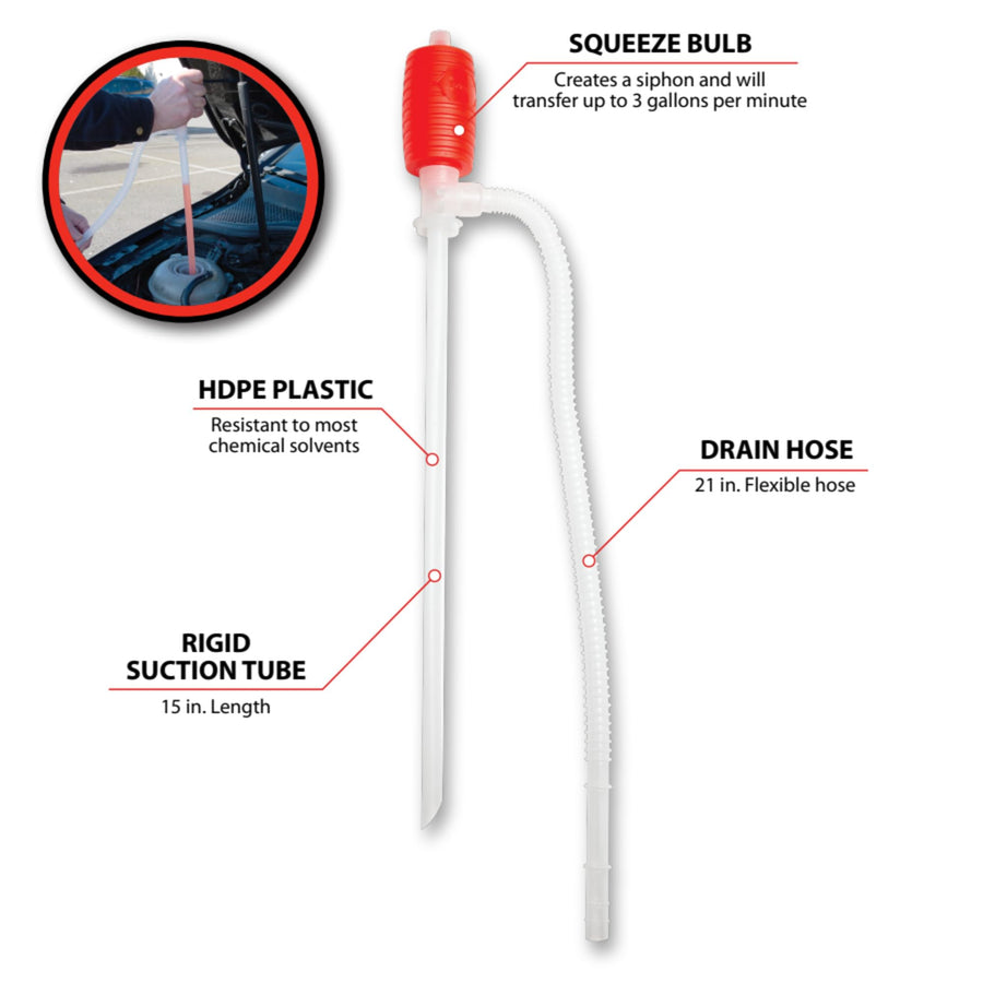 1542 Performance Tool Fuel & Fluid Transfer Siphon Pump, HDPE Plastic, Solvent-Resistant, 3 GPM Flow Rate, Simple Siphon Action