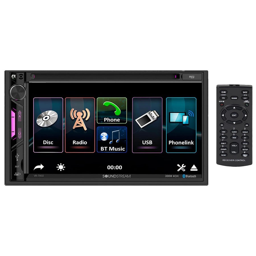 Soundstream 2-DIN VR-7002 7" DVD/CD Multimedia Headunit DVD, USB & Aux Inputs for Media Playback with Bluetooth Phone Calling & Audio Streaming