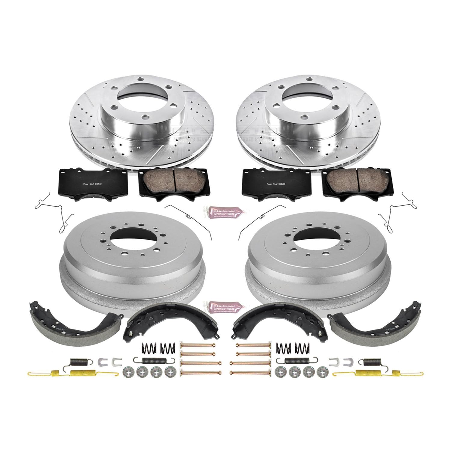 Power Stop K15214DK Z23 Carbon Fiber Brake Pads Front and Rear with Drilled & Slotted Brake Drums Kit For Toyota Tundra 2003-2006 [Model Specific]
