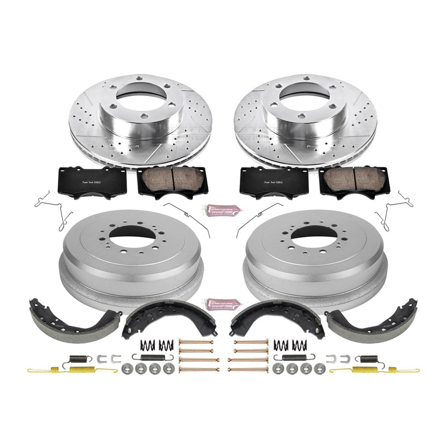 Power Stop K15214DK Z23 Carbon Fiber Brake Pads Front and Rear with Drilled & Slotted Brake Drums Kit For Toyota Tundra 2003-2006 [Model Specific]