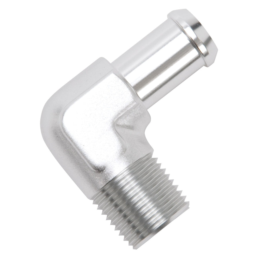 Edelbrock Heater Hose Fitting 90 Degree 1/2 in. NPT And 5/8 in. Barb Clear Anodized 8179