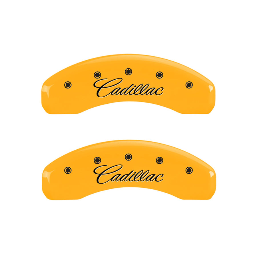 Caliper Covers MGP 35004SCADYL Yellow (Set of 4, Engraved Front and Rear: Cursive/Cadillac, Yellow powder coat finish, black characters)