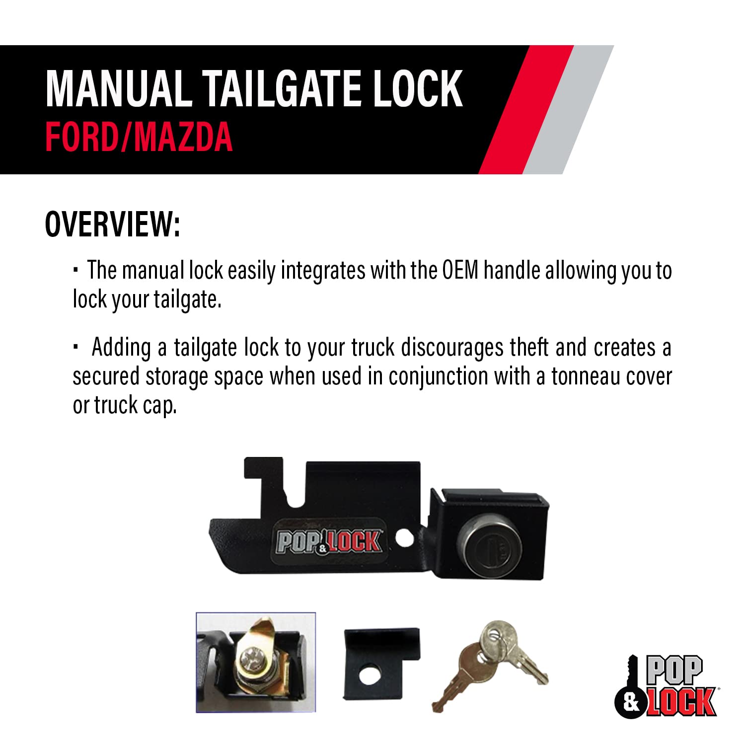 Manual Tailgate Lock – Pop & Lock for Ford F150, Fits 1987 to 1996 - Works Only with Factory Plastic Handle (Black, PL2310)