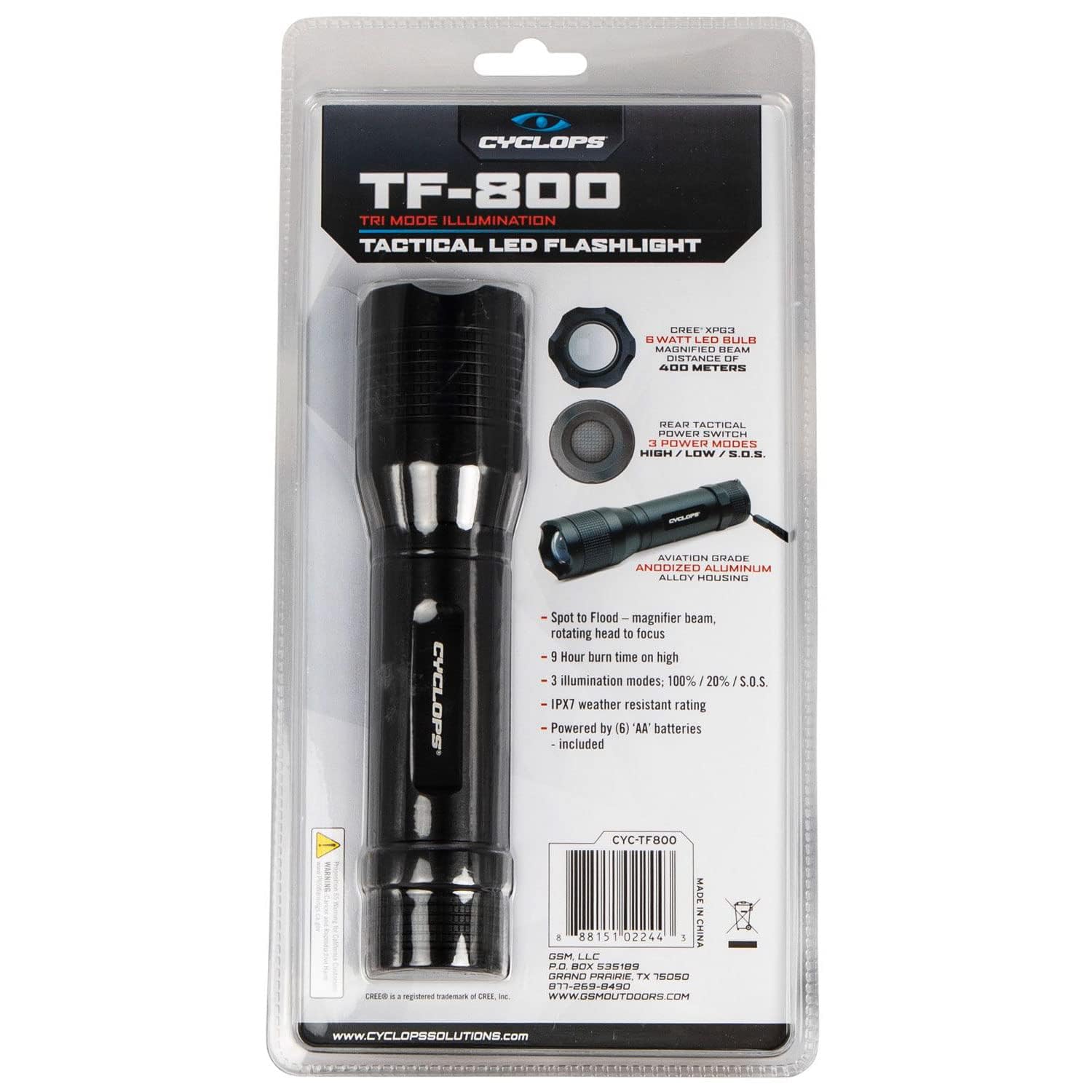 Handheld Cyclops Aluminum TF-800 Lumens Tri-Mode Illumination Tactical LED Pocket Flashlight for Camping, Hiking, Emergency