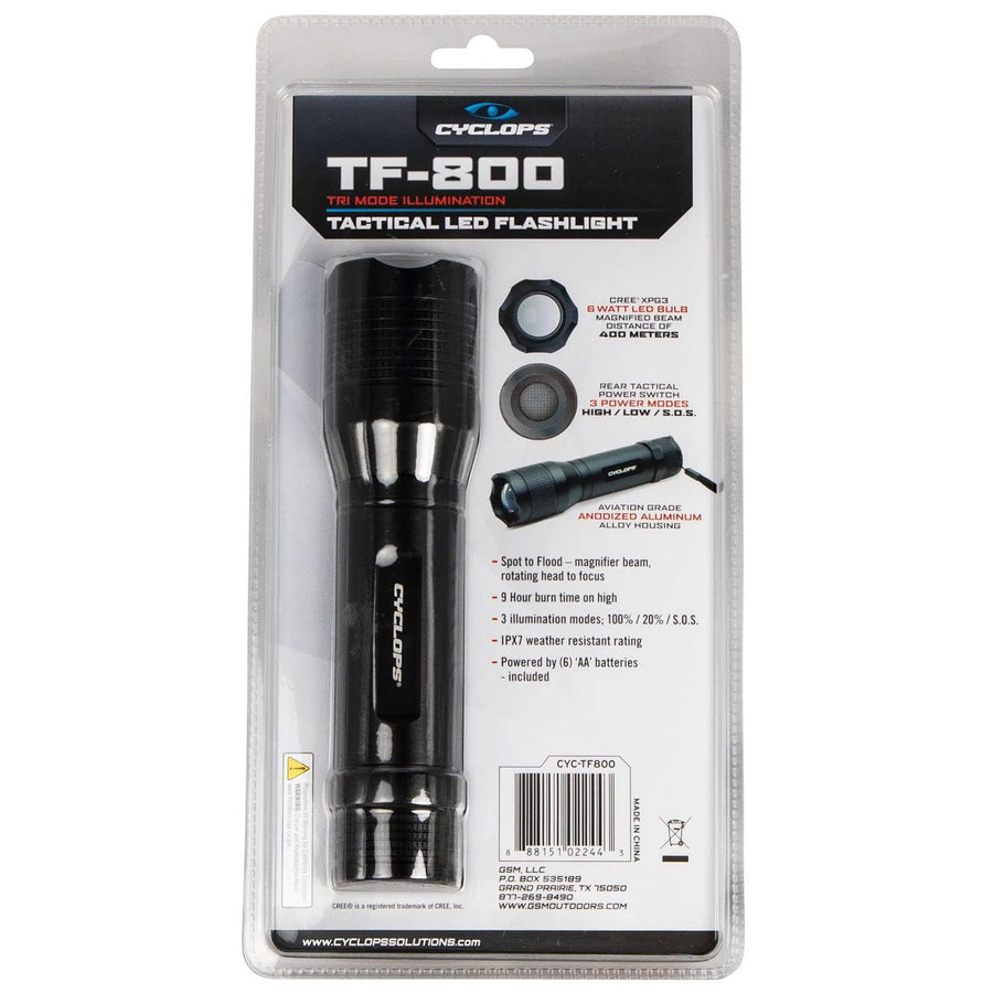 Handheld Cyclops Aluminum TF-800 Lumens Tri-Mode Illumination Tactical LED Pocket Flashlight for Camping, Hiking, Emergency