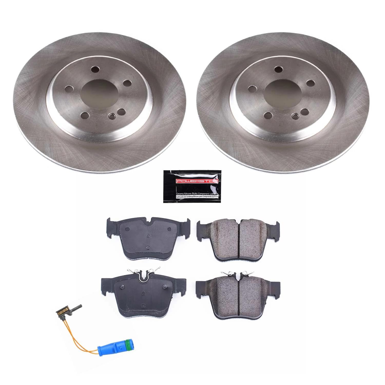 Power Stop KOE7990 Rear Replacement Brake Kit-OE Brake Rotors & Ceramic Brake Pads and 1 Rear Sensor Wire For C43 AMG, C450, GLC300, GLC350e, GLC43 AMG [Model Specific]