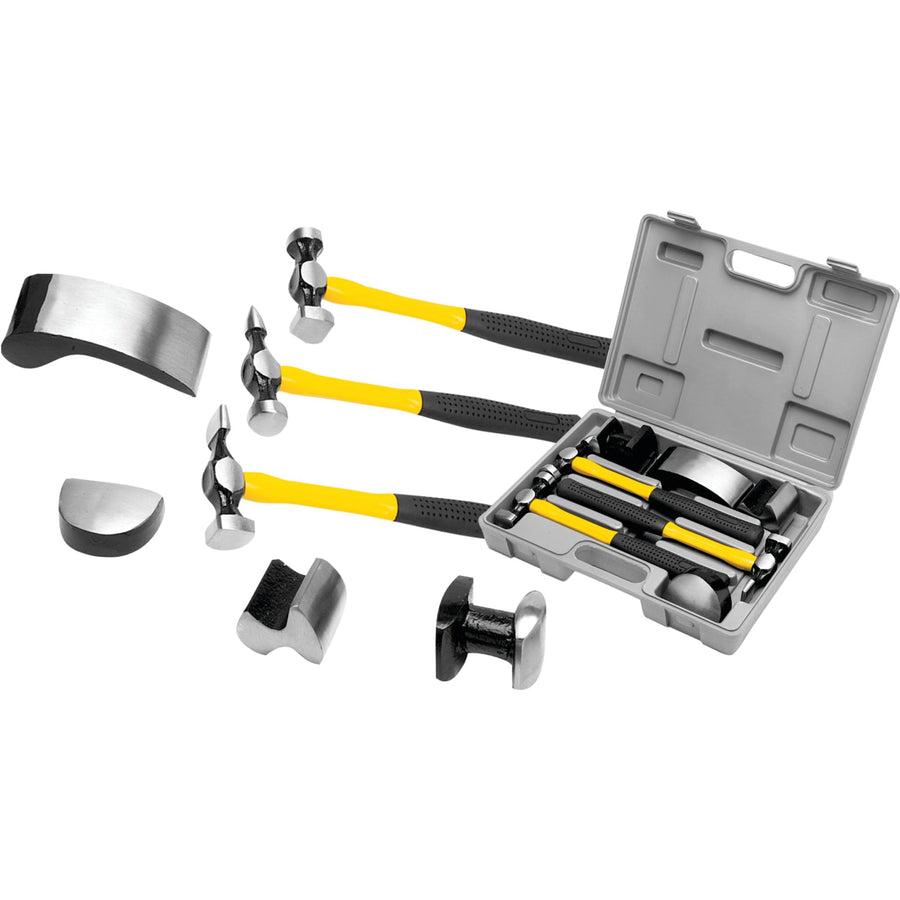 M7007 Performance Tool Auto Body Repair Kit with Hammers on Fiberglass Handles and Dollies in Tool Case, Yellow and Black (7-Piece)