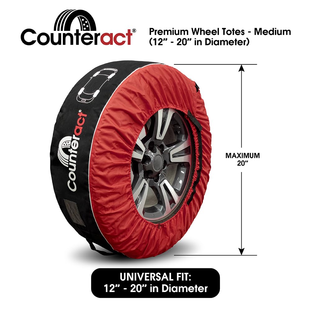 Counteract 4 Pack Tire Cover - Black & Red Oxford Fabric 600D - Size M (12-19") - Ideal RV Tire Covers and Tire Covers for Trailers, Cars, Trucks, SUV - Handlebar, Window Card, Tire Identifying Image