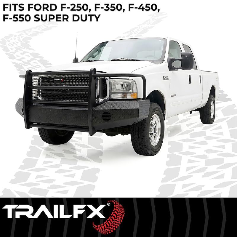Bumper Trail FX3003A FX, One Piece Design, Direct Fit, With Grille Guard/Grille Mesh/Auxiliary Light Cutouts, Without Winch Mount, Gloss Black, Steel, Fits 1999-2004 Ford F-250/350/450/550 Super Duty
