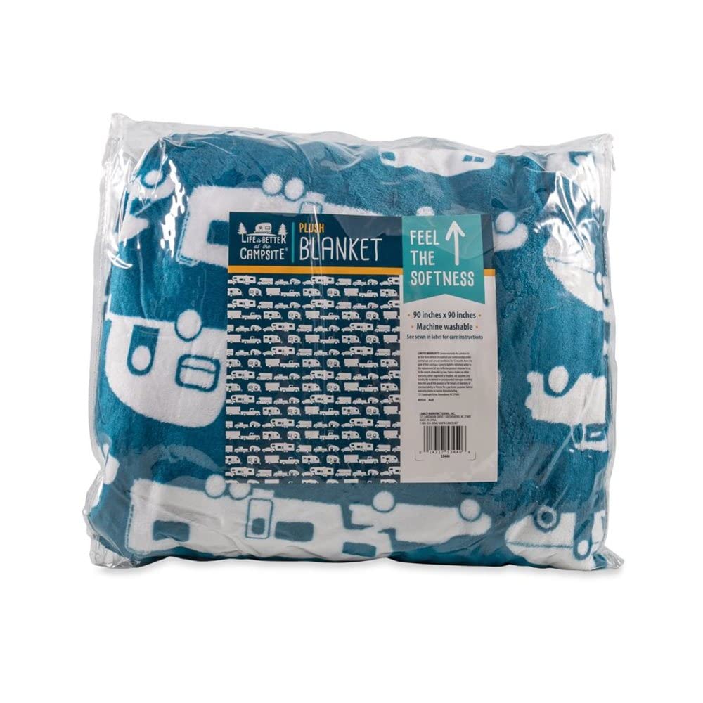 Camco Life is Better at The Campsite Plush Fleece Blanket, Queen Size - Keeps You Warm While Camping, at Home or on Picnics - Machine Washable - Features a Blue Brand RV Print