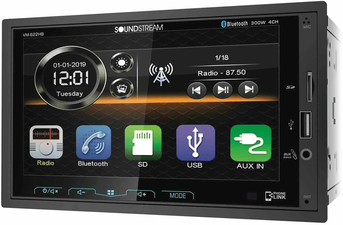 VM-622HB Soundstream 6.2-Inch Double-DIN Mechless Head Unit with Bluetooth and Android PhoneLink