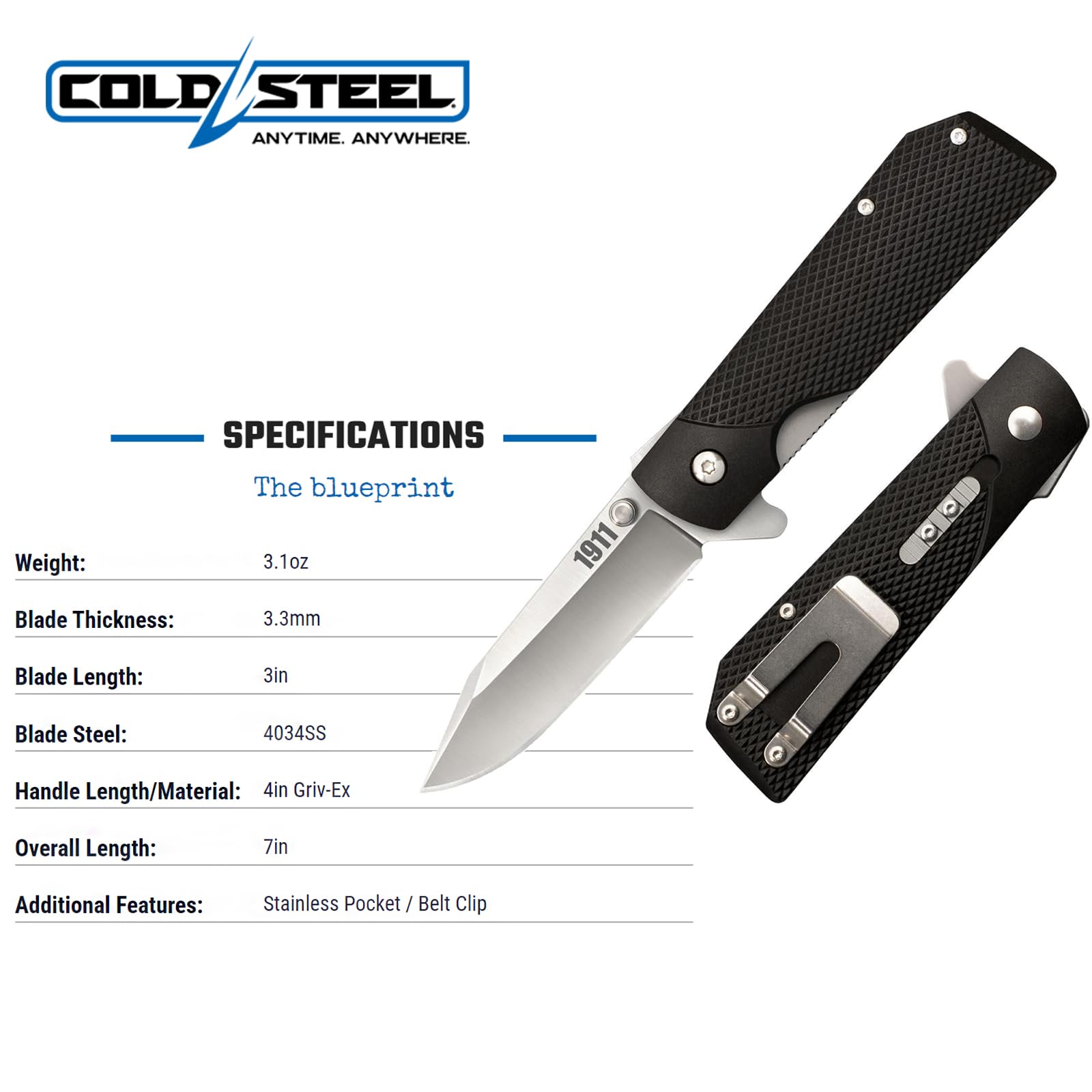1911 Cold Steel Folding Knife with Liner Lock, Checkered Griv-Ex Handle, Ambidextrous Pocket Clip, and Flipper, Silver & Black