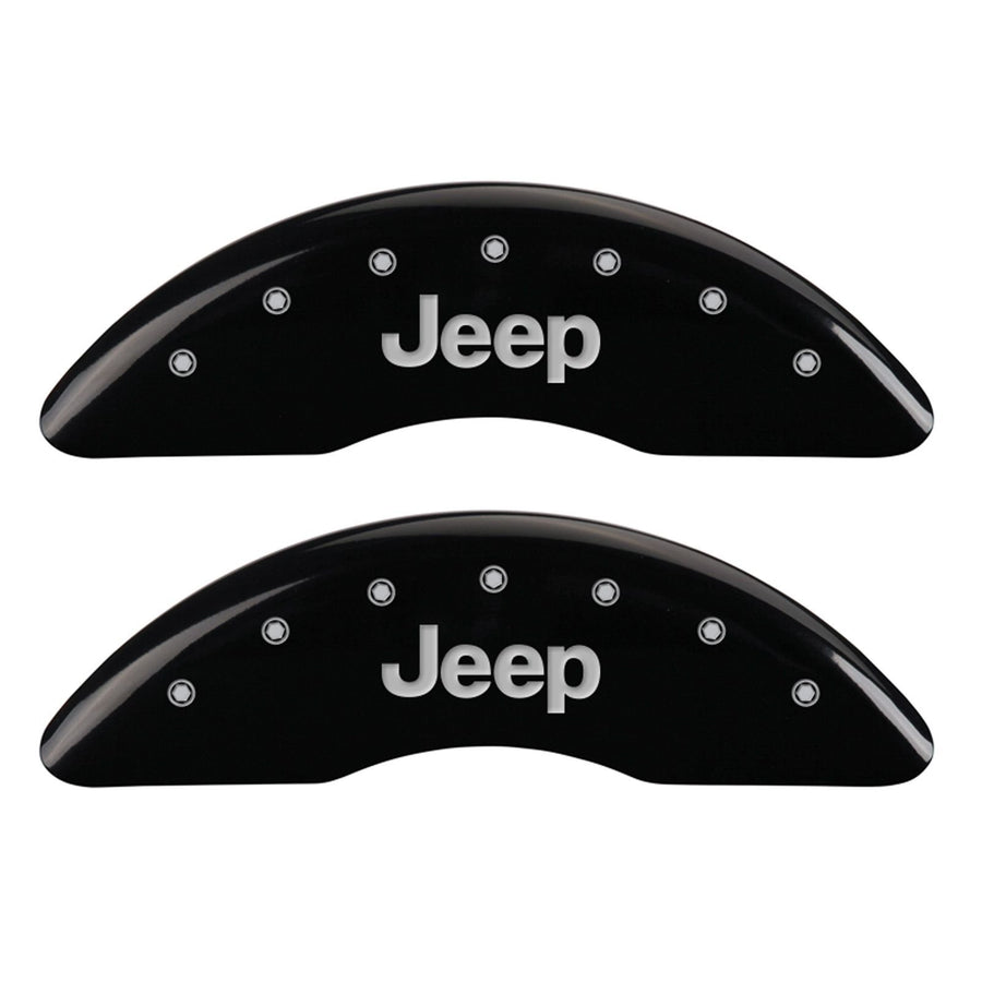MGP Caliper Covers Black Powder Coat Finish 42012SJEPBK Front and Rear Caliper Cover, Set of 4 (JEEP Silver Characters, Engraved)