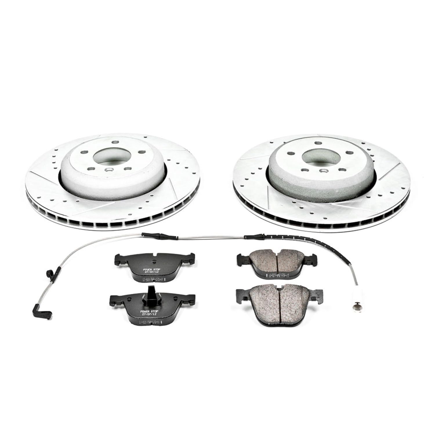 Power Stop K2940 Rear Brake Pads Z23 Carbon Fiber with Drilled & Slotted Brake Rotors Kit and 1 Rear Sensor Wire For BMW 535i, BMW 545i, BMW 550i, BMW 645Ci, BMW 650i [Model Specific]
