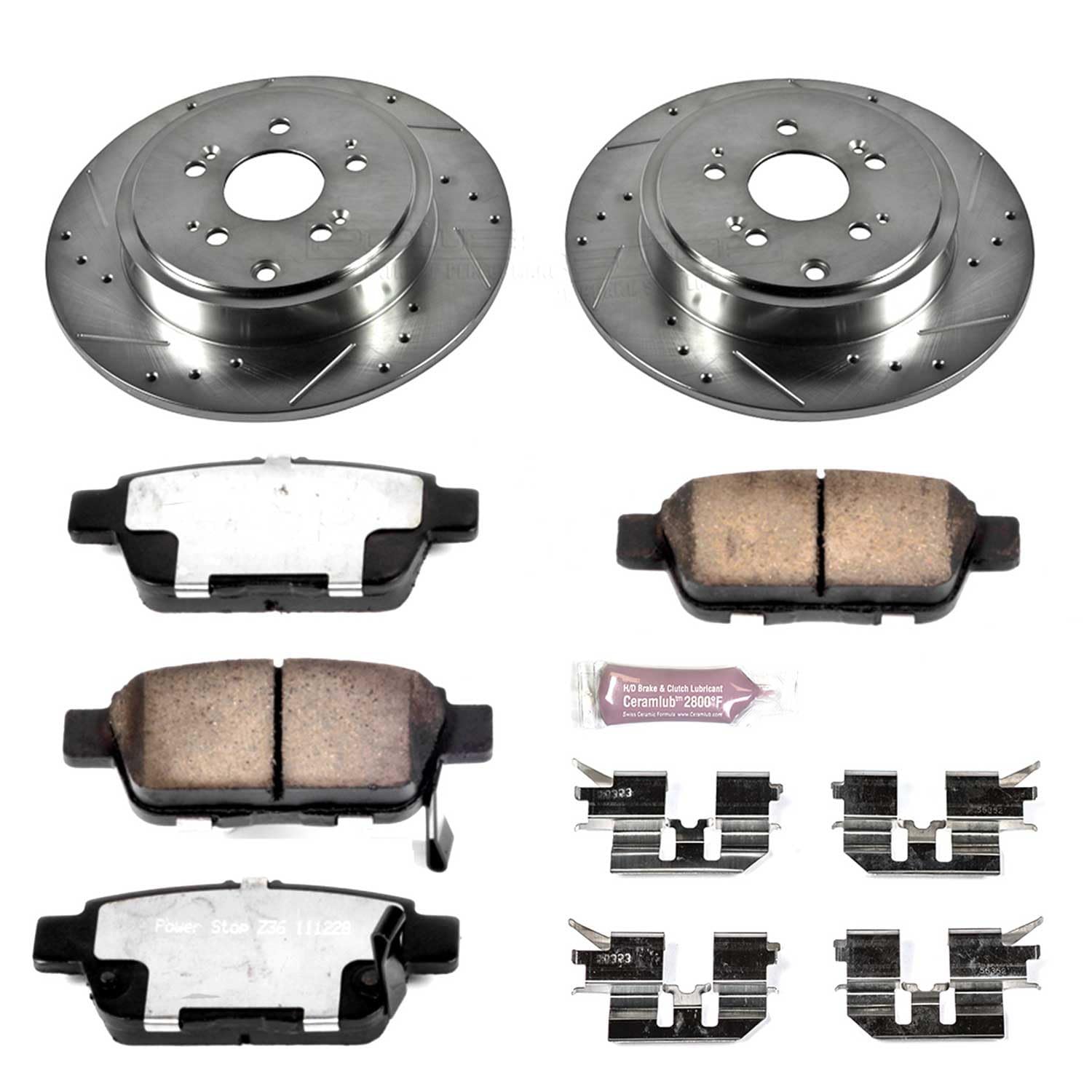 Rear Brake Kit Power Stop For 2006 2007 2008 2009 2010 2011 2012 2013 2014 Honda Ridgeline - Truck & Tow Carbon Fiber Ceramic Brake Pads & Drilled and Slotted Rotors Replacement, K2431-36