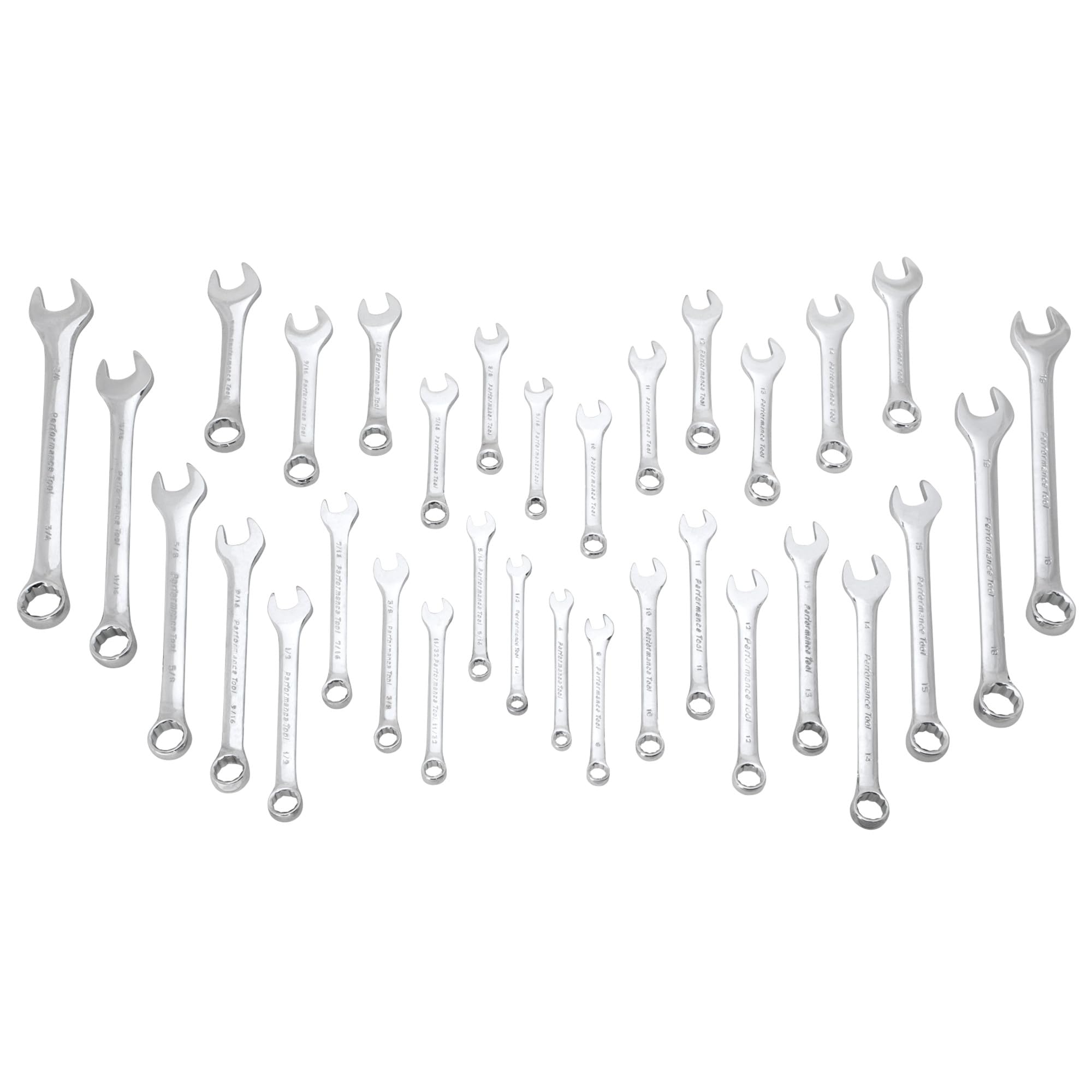 W1099 Performance Tool 32-Piece SAE and Metric Wrench Set with Premium Mirror Polished Chrome Vanadium Steel and Organizer Tray