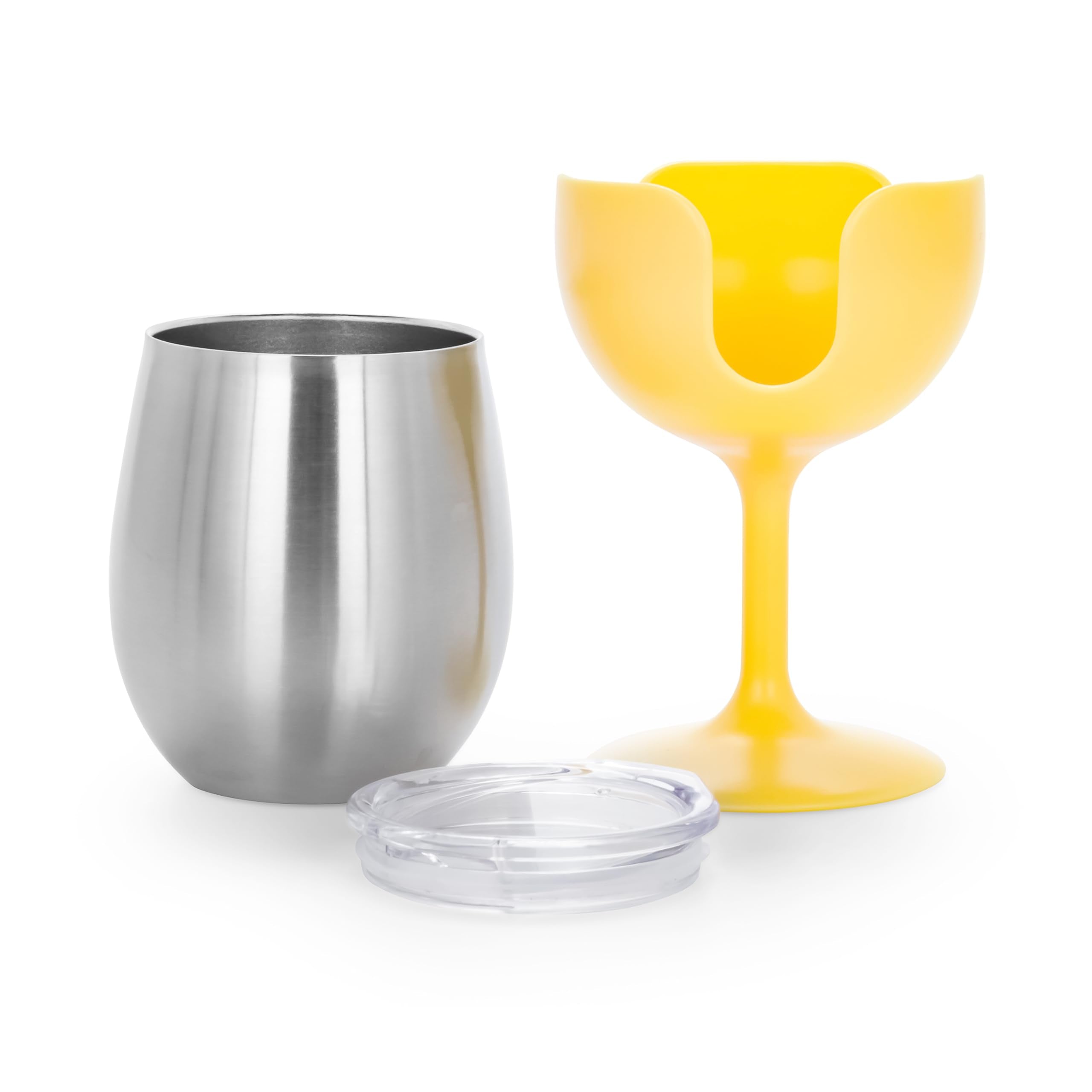 Camco Wine Tumbler Life is Better at The Campsite | Heavy Duty Double Wall Vacuum Insulation | Crafted of 18/8 Stainless Steel | Features Removable Green & Yellow Stems | 2-Pk, 8-oz/Each (51916)