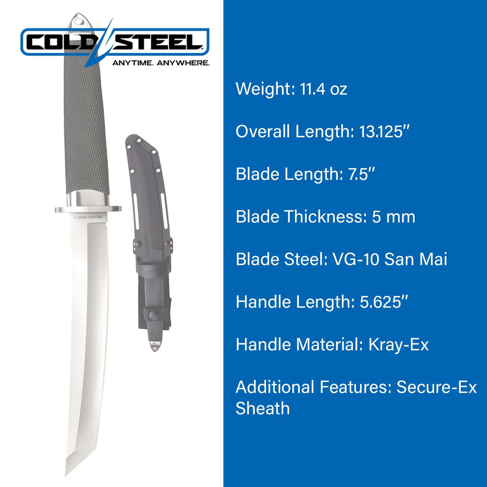 Cold Steel Tanto Magnum 7.5" VG-10 San Mai Razor-Sharp Blade 5.625" Kray-Ex Handle Military Tactical Fixed Blade Knife w/Secure-Ex Sheath