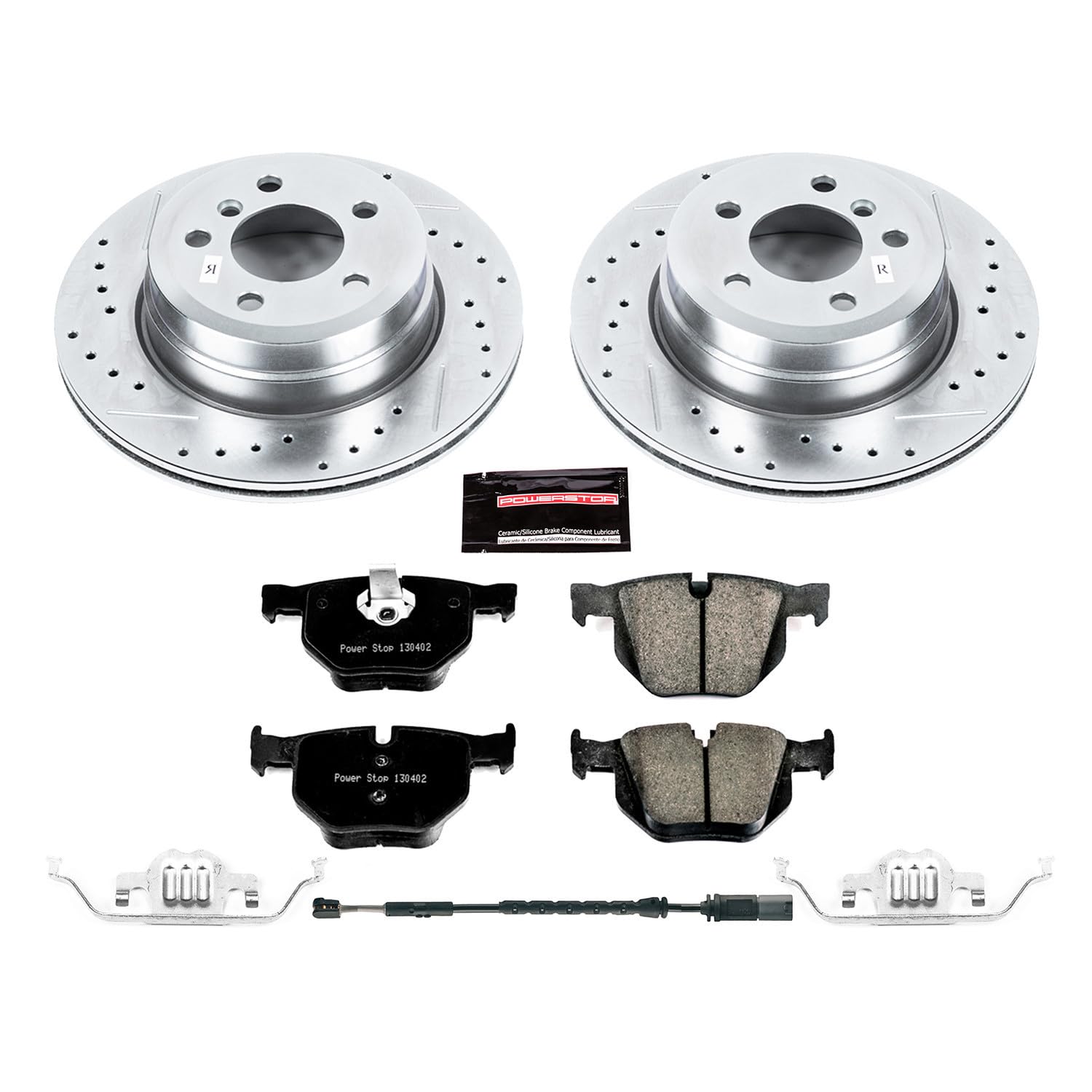 Power Stop K7429 Rear Brake Pads Z23 Carbon Fiber with Drilled & Slotted Brake Rotors Kit and 1 Rear Sensor Wire For BMW X5 2011-2018, BMW X6 2011-2019 [Model Specific]