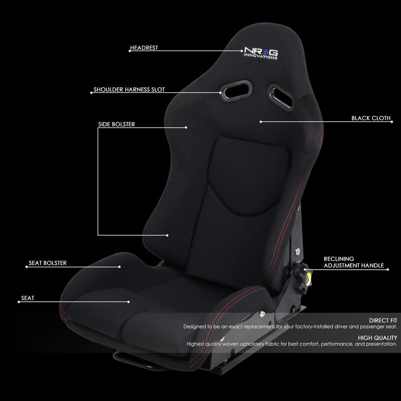 NRG Innovations Universal Recline NRG-RSC-400BK Bucket Seat, Adjustable Reclining Back Racing Seat, Black Cloth FRP Frame w/Bottom Mount, Medium Size