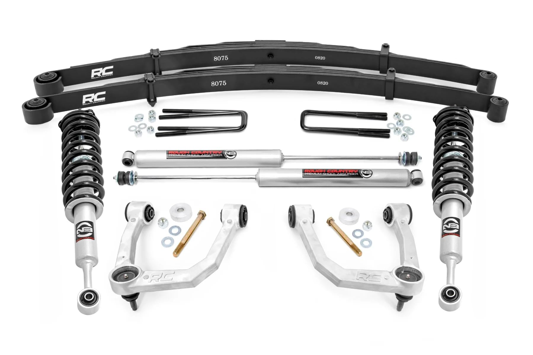 3.5" Rough Country Bolt-On Lift Kit with N3 Struts/N3 Rear Shocks for Toyota Tacoma 4WD (2005-2023) - Lifted Leaf Springs, Silver Control Arms