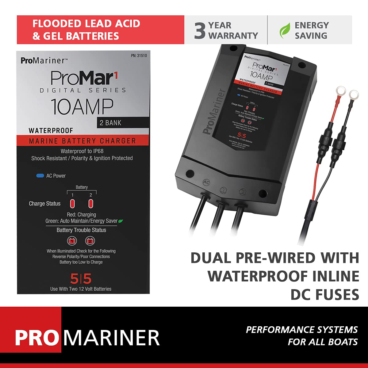 ProMariner Batt Chgr, 12V 10A, ProMar1 DS, 2 Bank