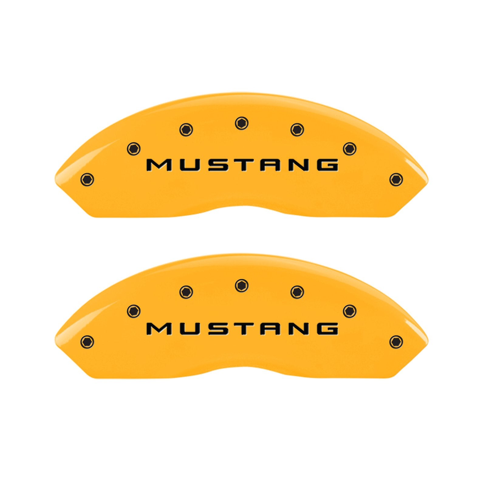 Caliper Covers MGP 10198SM50YL, Set of 4 (Yellow Engraved Front: Mustang - Engraved Rear: 50 Powder Coat Finish Black Characters)