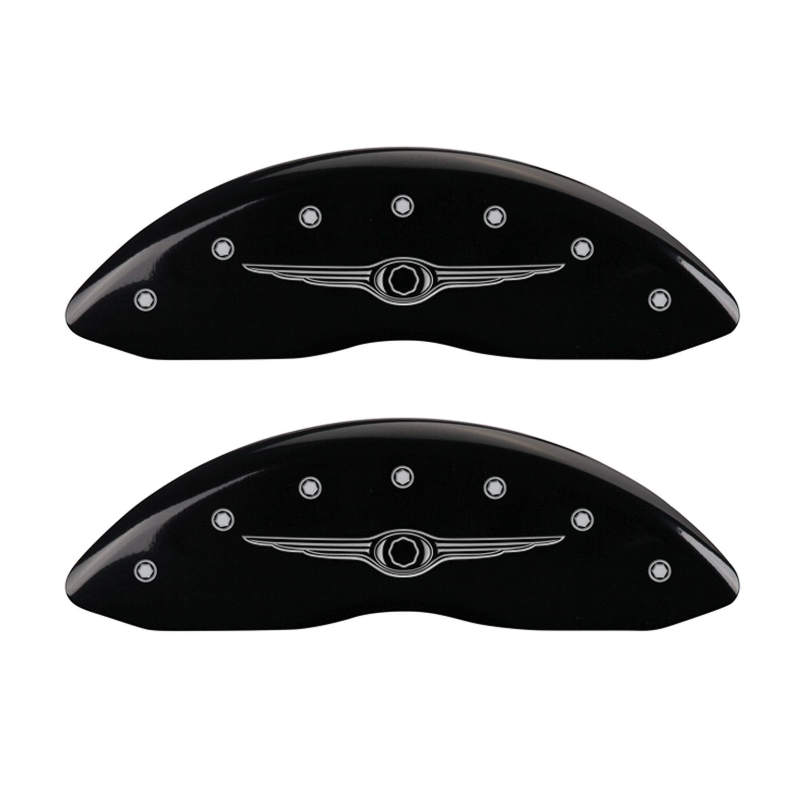 MGP Caliper Covers Black Powder Coat Finish 32010SCW1BK Front and Rear Caliper Cover, Set of 4 (Style 1/Chrysler Wing Silver Characters, Engraved)