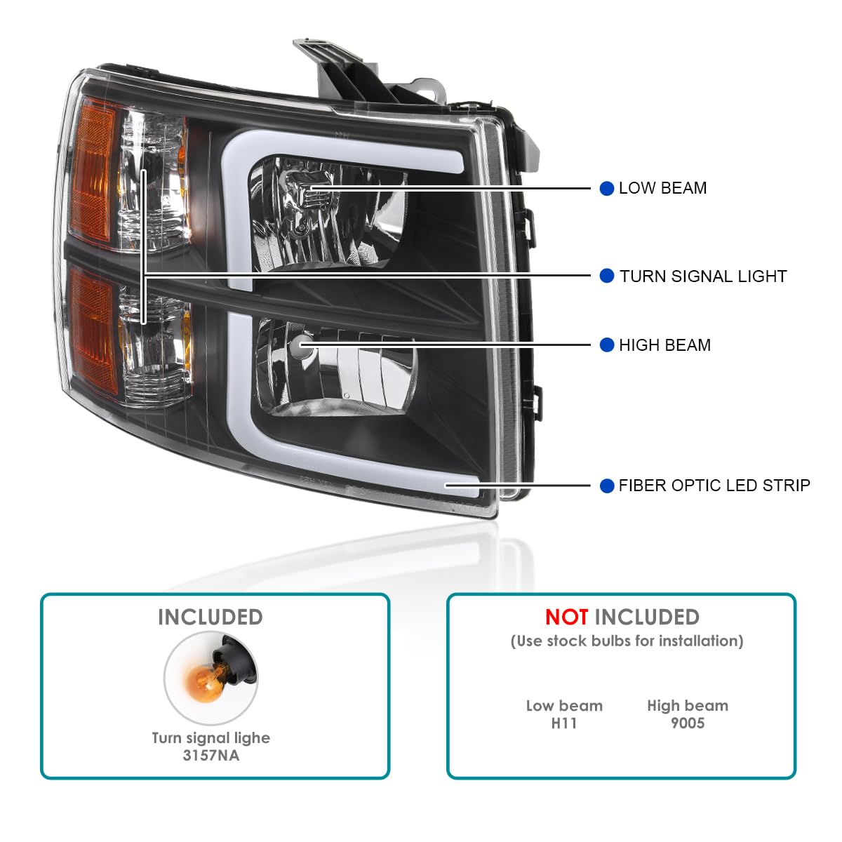 Black Headlights w/LED Light Bar SPEC-D TUNING Compatible with 2007-2013 Chevy Silverado 1500, 2007-2014 Silverado 2500HD 3500HD, Left + Right Pair Headlamp Assembly