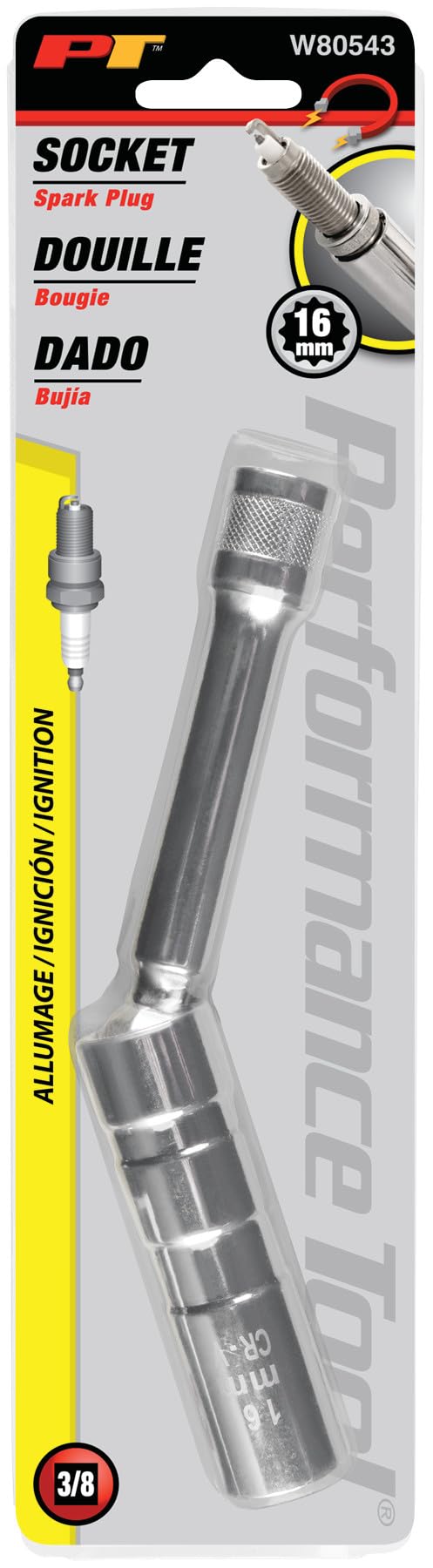 12 Point Performance Tool W80543 Mag Spark Plug Socket - 3/8" Drive, 16 mm Size, Swivel Design for Easy Access