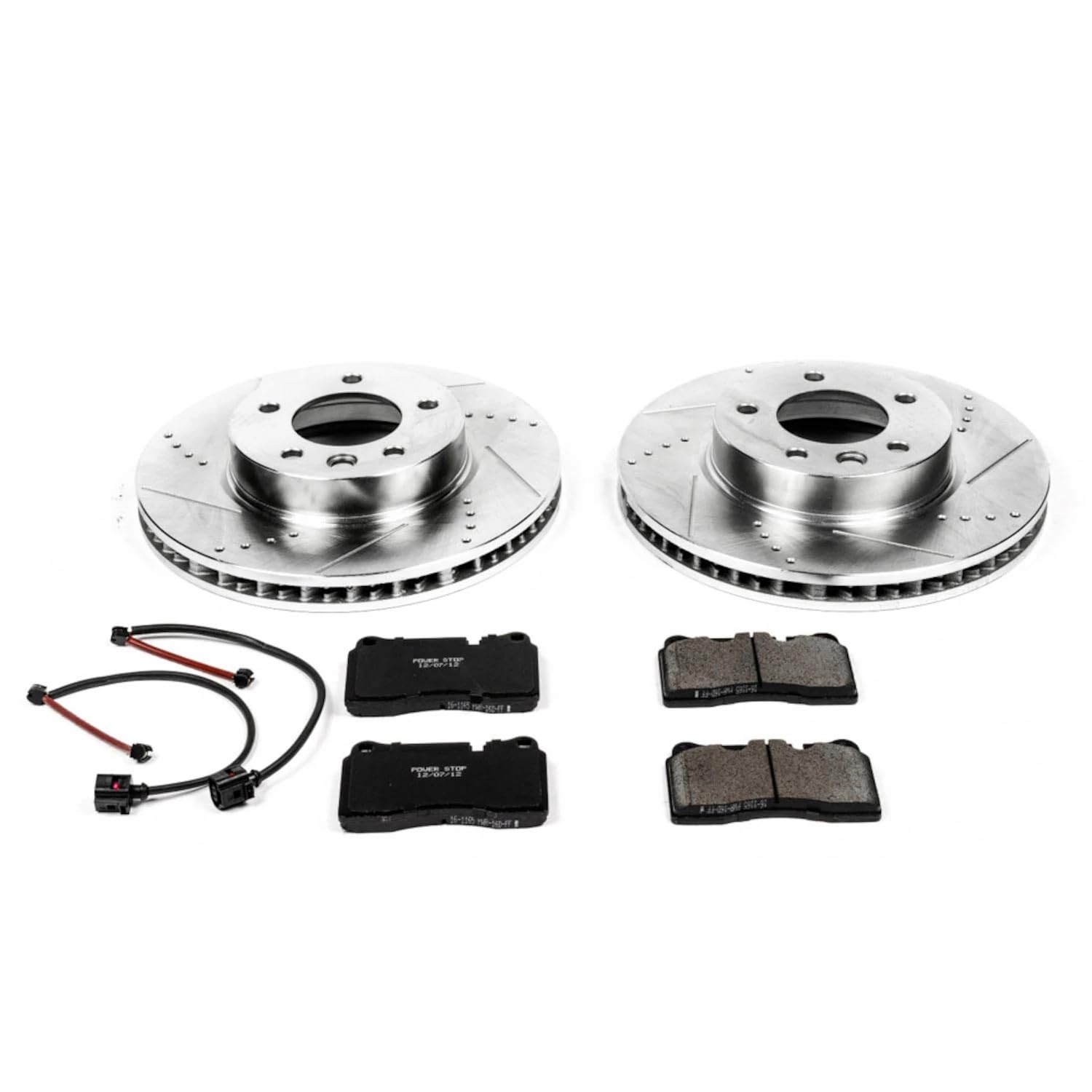 Power Stop K4656 Z23 Carbon Fiber Brake Pads Front with Drilled & Slotted Brake Rotors Kit and 2 Front Sensor Wires For Volkswagen Touareg 2006-2010 [Model Specific]