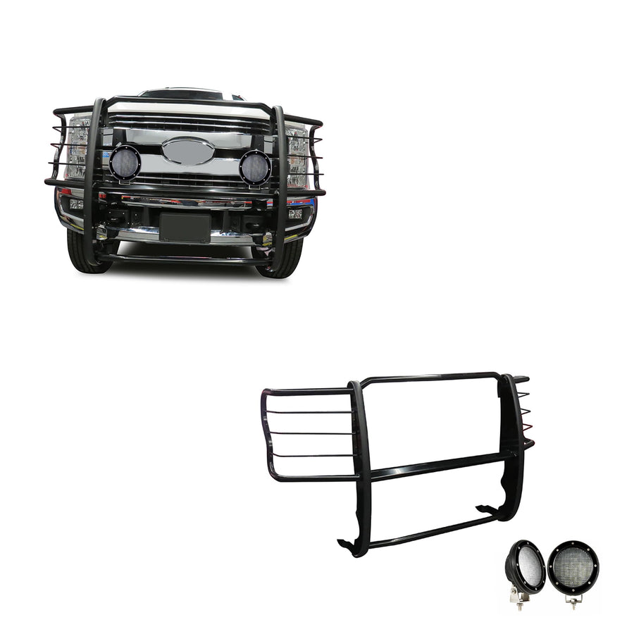 Bumper Guard Modular Black Black Horse Grille brush Come with Pair of 5.3"LED Light with Black Trim Rings Compatible with 2017-2023 Ford F-250/Ford F-350/Ford F-450/Ford F-550 Super Duty-17FB28MA-PLFB