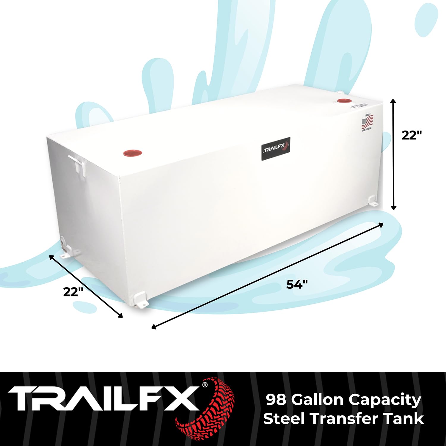 21098SW TrailFX Liquid Transfer Tank 98 Gallon Capacity Rectangular Steel Tank Gloss White Powder Coat Vented Lockable Cap For Diesel and Non-Flammable Liquids
