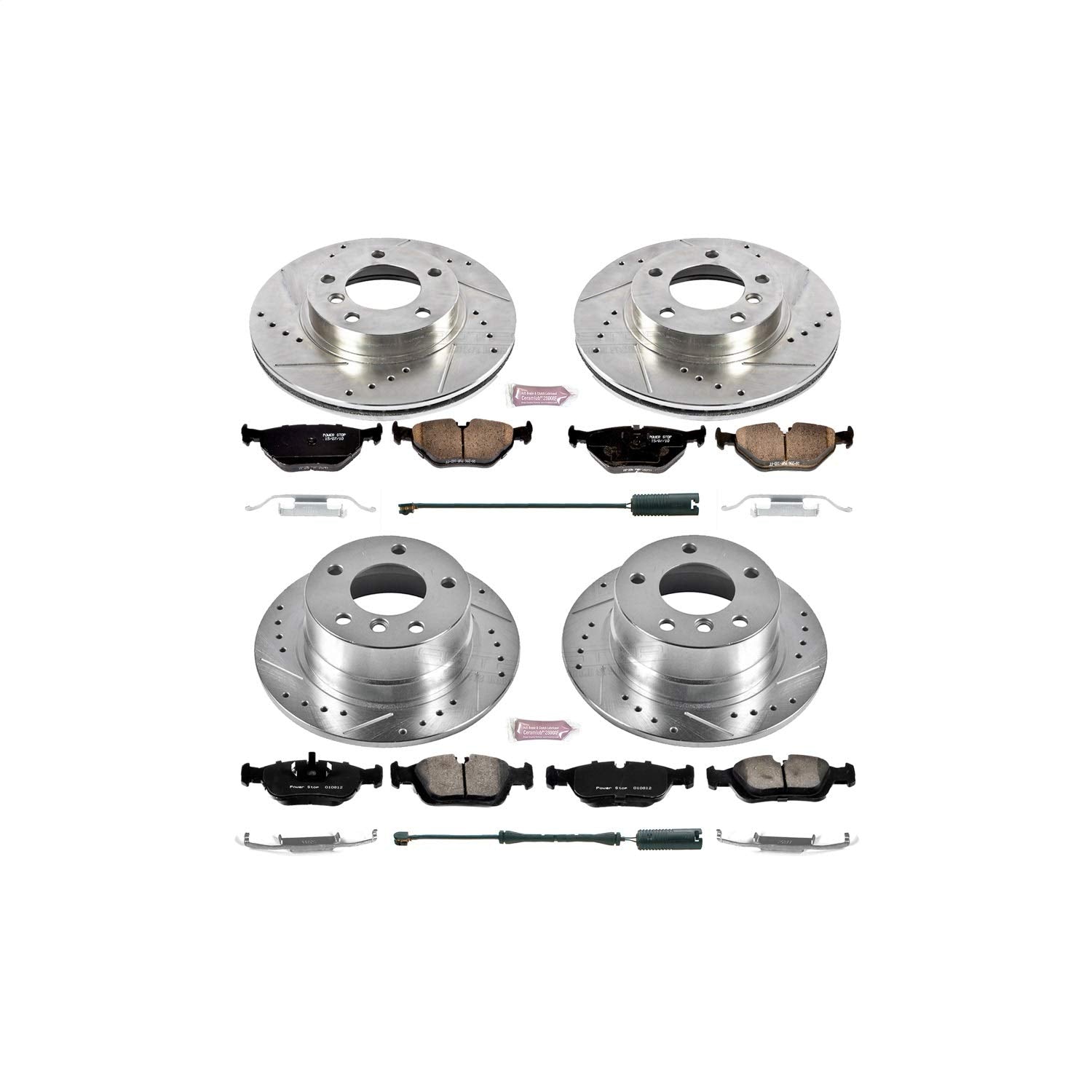 Power Stop K500 Z23 Carbon Fiber Brake Pads with Drilled & Slotted Brake Rotors Kit Front and Rear