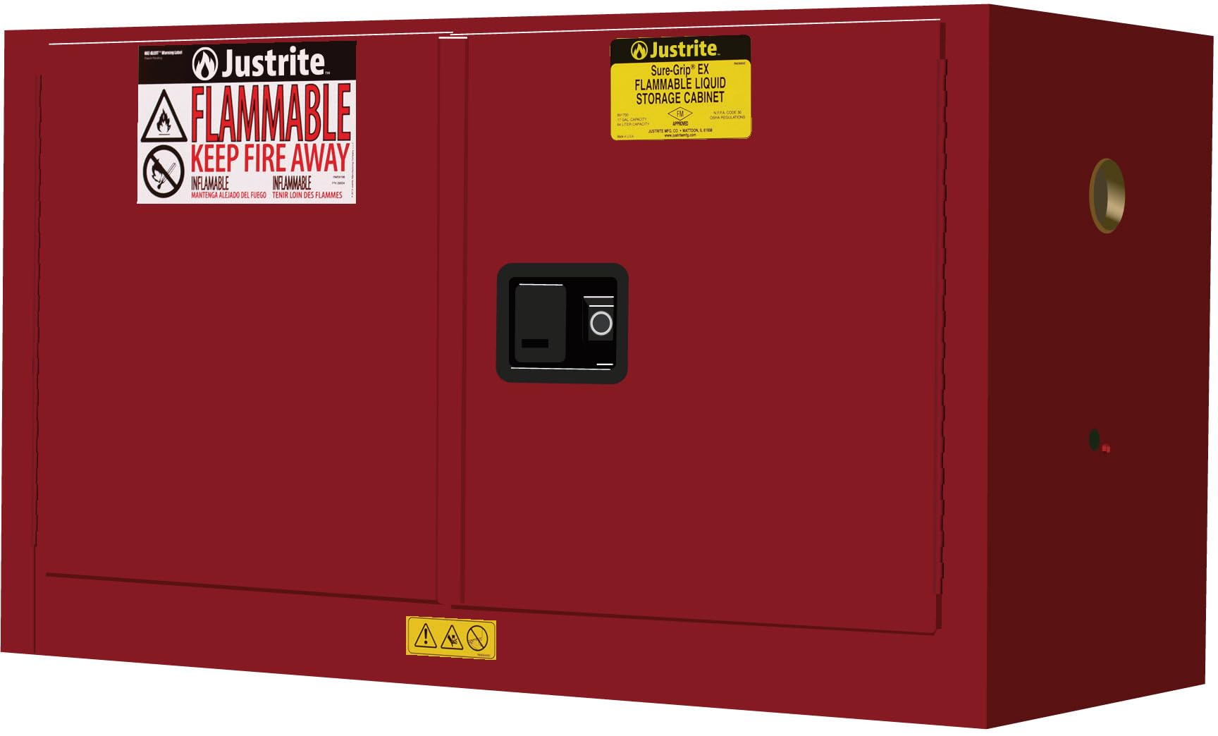 Justrite 17 Gallon Flammable Storage Cabinet Manual Close Piggyback, 18 Gauge Steel, 1 Shelf, 2 Door Fire Cabinet, 24" x 43" x 18", Made in The USA, Red, 891701