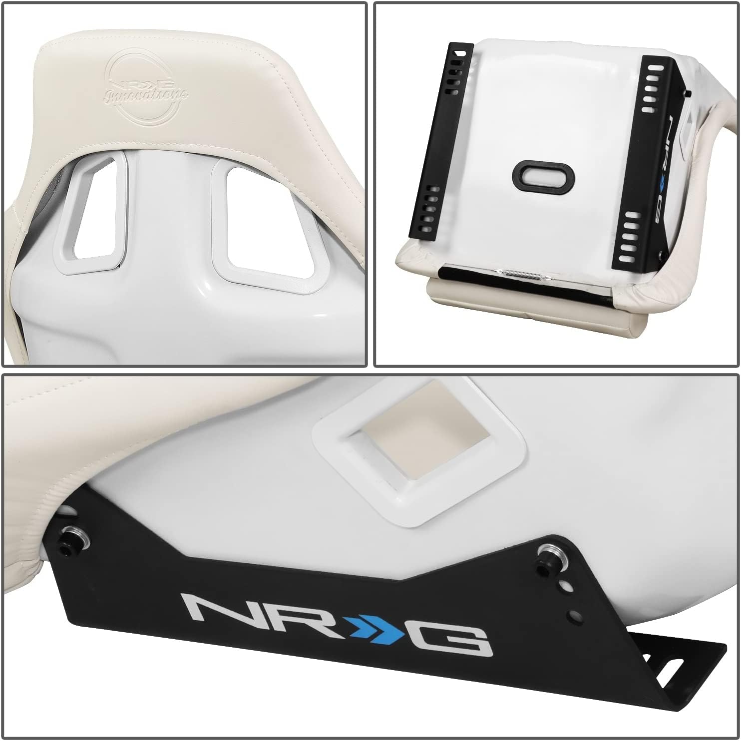 NRG Innovations Universal Vinyl Fixed Back Bucket Racing Seat FRP-302WT-V with Bottom Mount Bracket(Large), White Seat Cover, 21"W X 18" D X 36" H