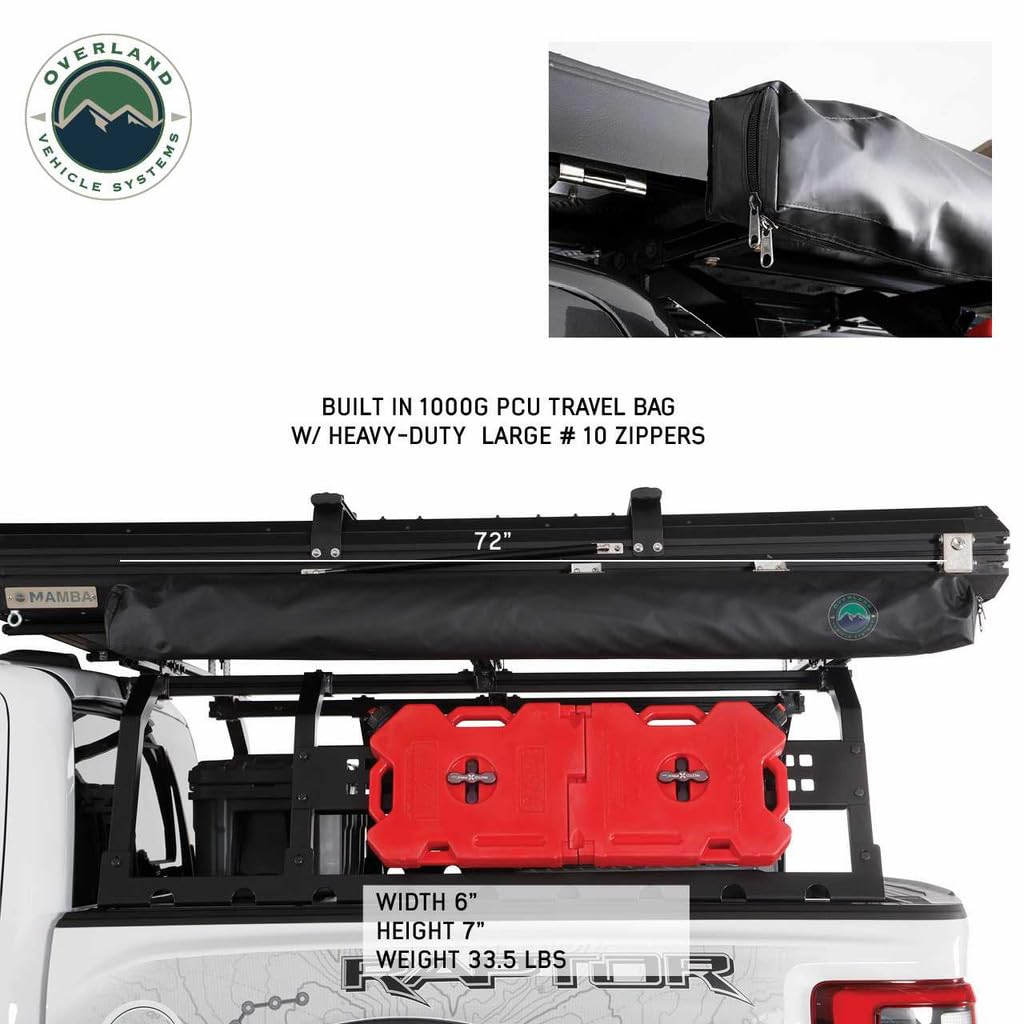 Overland Vehicle Systems Nomadic HD 180 LTE Dark Grey Awning with Black Travel Cover | 280G Poly Cotton Ripstop Material | 59 Sq Ft of Coverage | Easy Installation