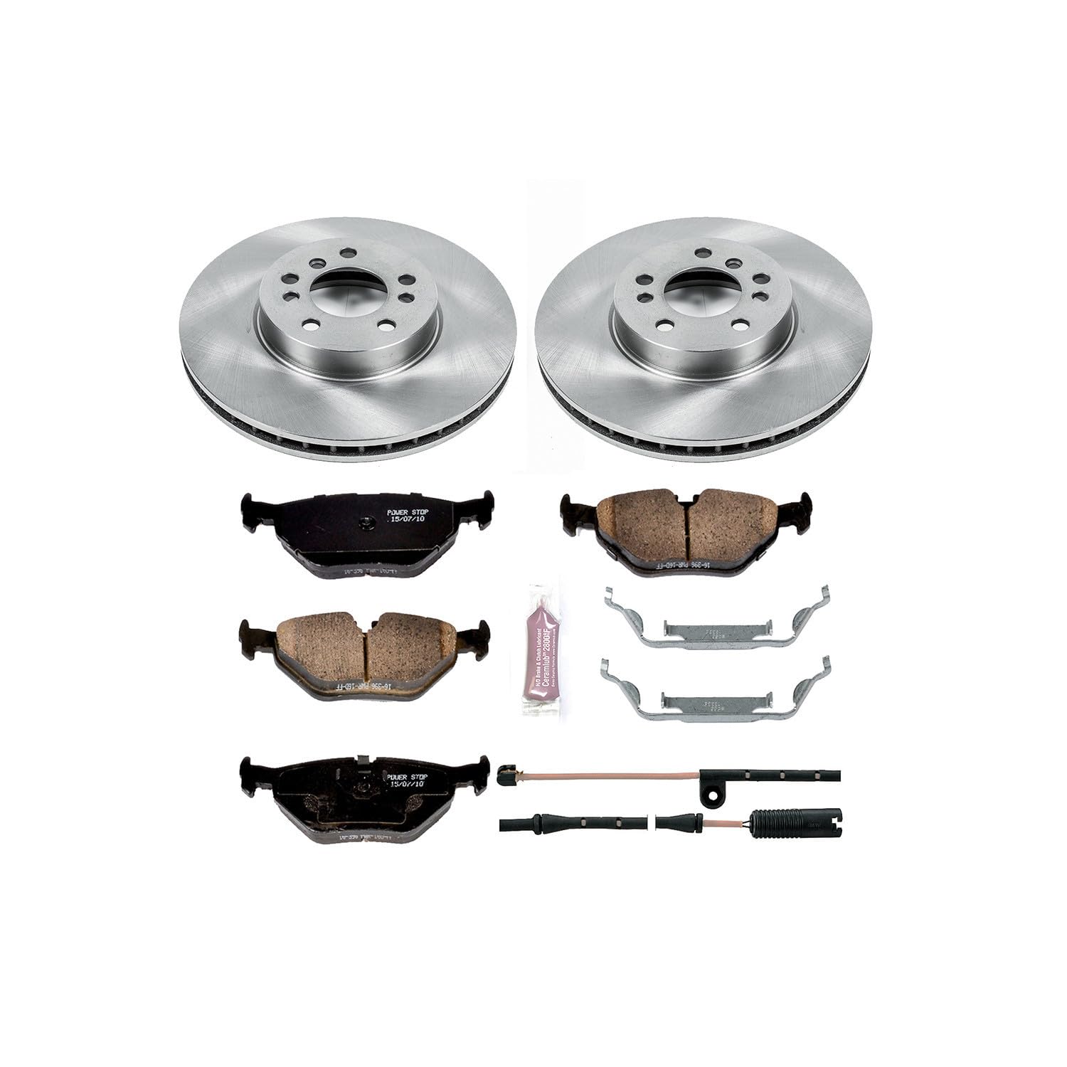 Power Stop Autospecialty KOE879 Front Replacement Brake Kit-OE Brake Rotors & Ceramic Brake Pads and 1 Front Sensor Wire For BMW X5 2000-2006 [Model Specific]
