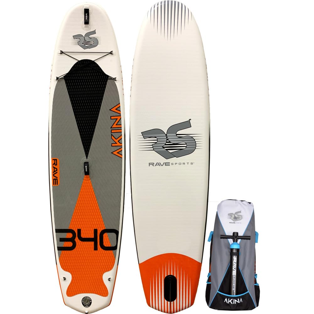 RAVE Sports Stand Up Inflatable Paddle Board, Akina Monarch Orange, 11'2" x 34" x 6", Durable Materials, Non-Slip Comfort Deck, Designed for Adults & Youth, Wide Stable SUP, High Pressure Hand Pump