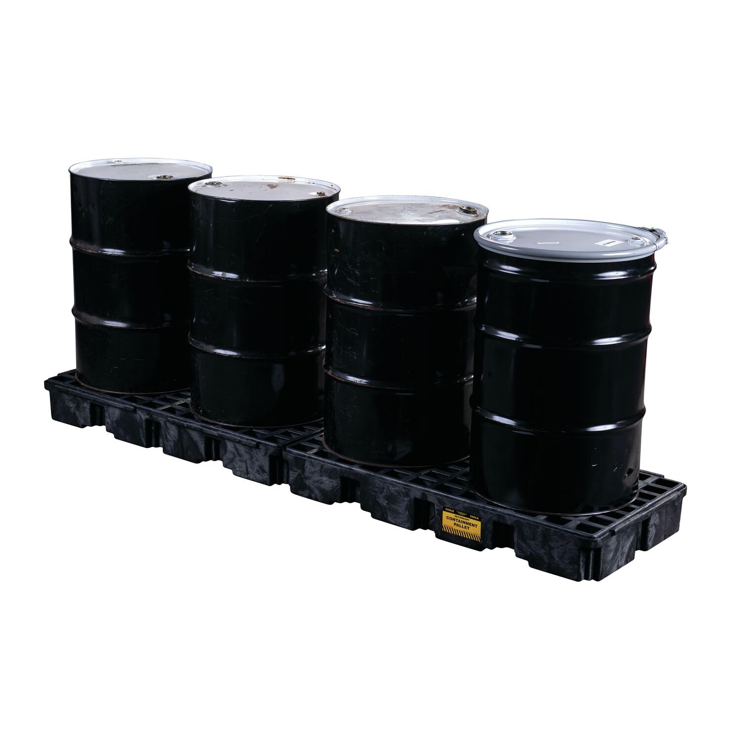 4 Eagle Drum Spill Platform with Drain and Forklift Pockets, 103.5"x26.5"x6.5", 60.5 Gallon Sump, 10,000 lbs. Load Capacity Containment Tray, Made in USA, Black, 1647BD