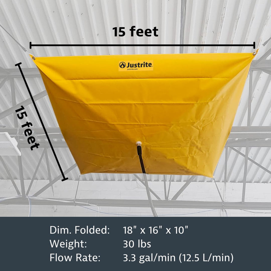 Justrite Leak Diverter Ceiling Tarp with Hose Connection and Corner Grommets, 15' x 15' Puncture-Resistant and Watertight PVC-Coated Fabric, for Temporary Leak Fix, Made in The USA, Yellow, 28315
