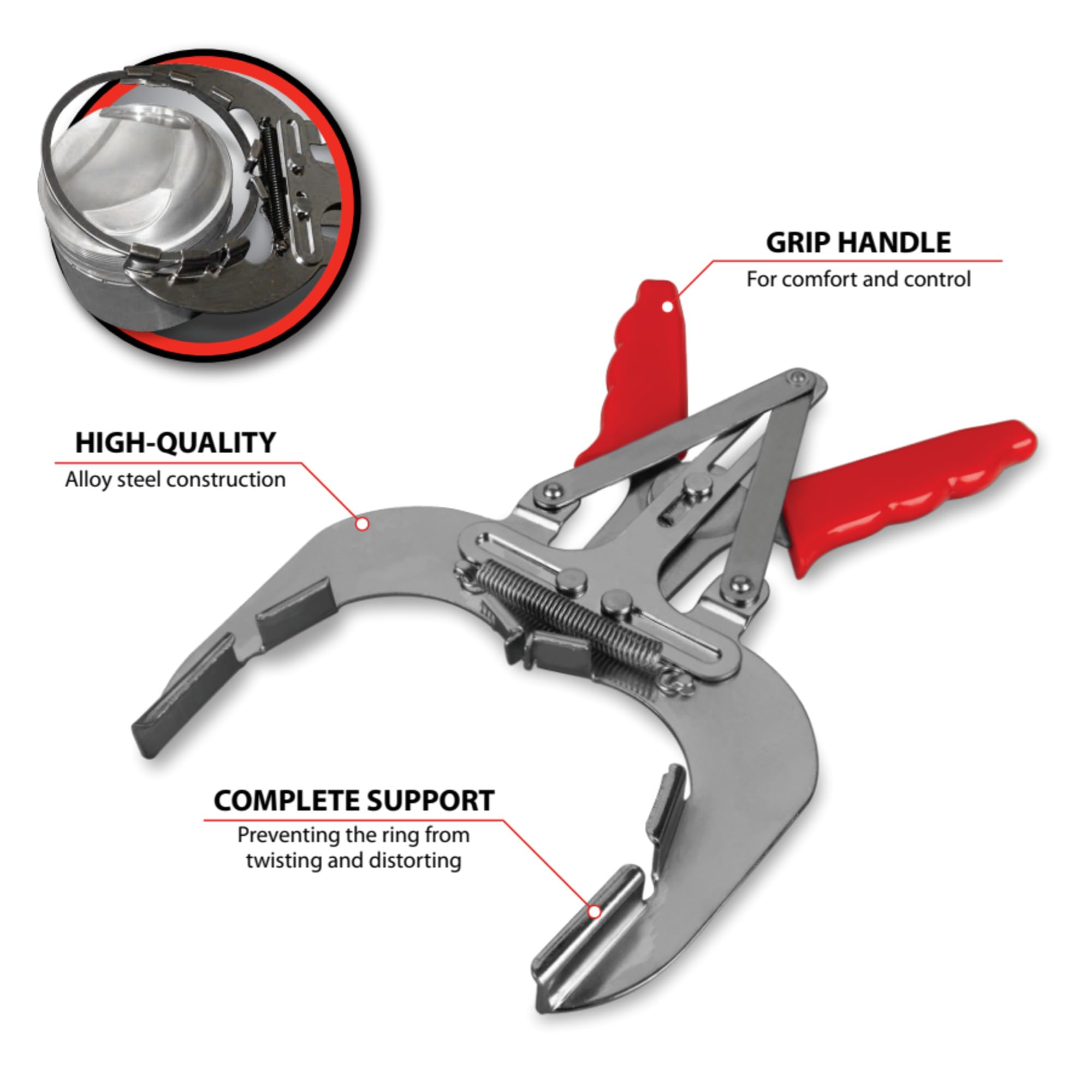 W80599 Performance Tool 6 in. Piston Ring Pliers - Alloy Steel, Plastic Cushion Grip, Engine Overhaul Tool, Red