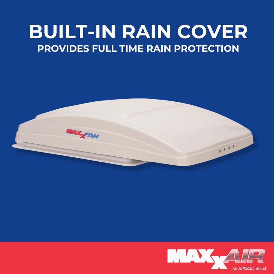 Maxxfan Deluxe MAXXAIR - All-In-One RV Vent, Shield & Fan; Built-In Rain Shield, 10 Speed Reversible Fan with Thermostat, Fits Standard 14"x14" Roof Openings, 12V Long Life Motor, White (00-05100K)