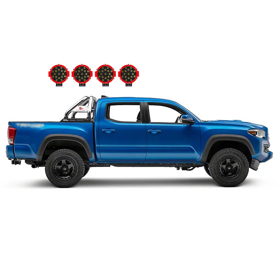 Classic Black Horse Roll Bar Incl. Pair of 7.0" Dia. LED Lights w/Red Trim Rings Stainless Steel Compatible with 2015-2022 GMC Canyon|2015-2022 Chevrolet Colorado-RB005SS-PLR