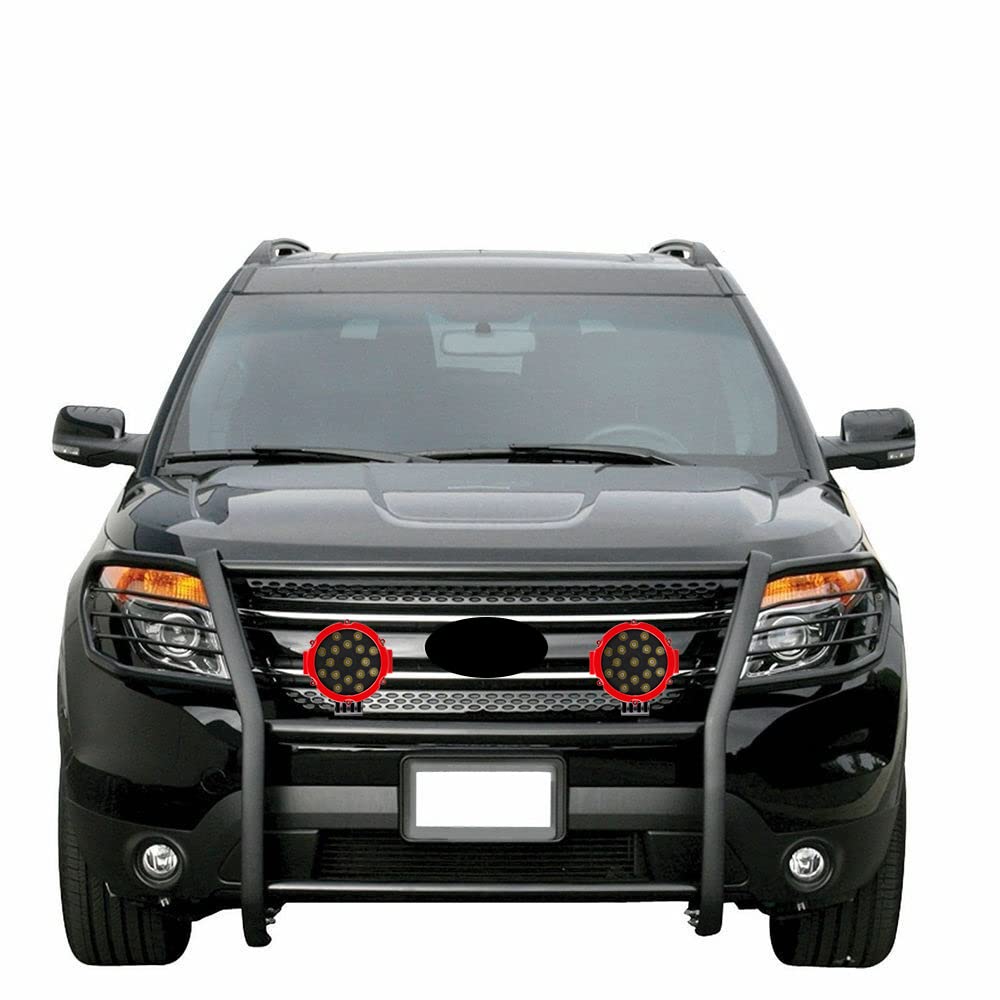 Black Horse Grille Brush Bumper Guard Black Modular Come with Pair of 7.0" Dia.LED Lights with Red Trim Rings Compatible with 2016-2019 Ford Explorer-17FJ30MA-PLR