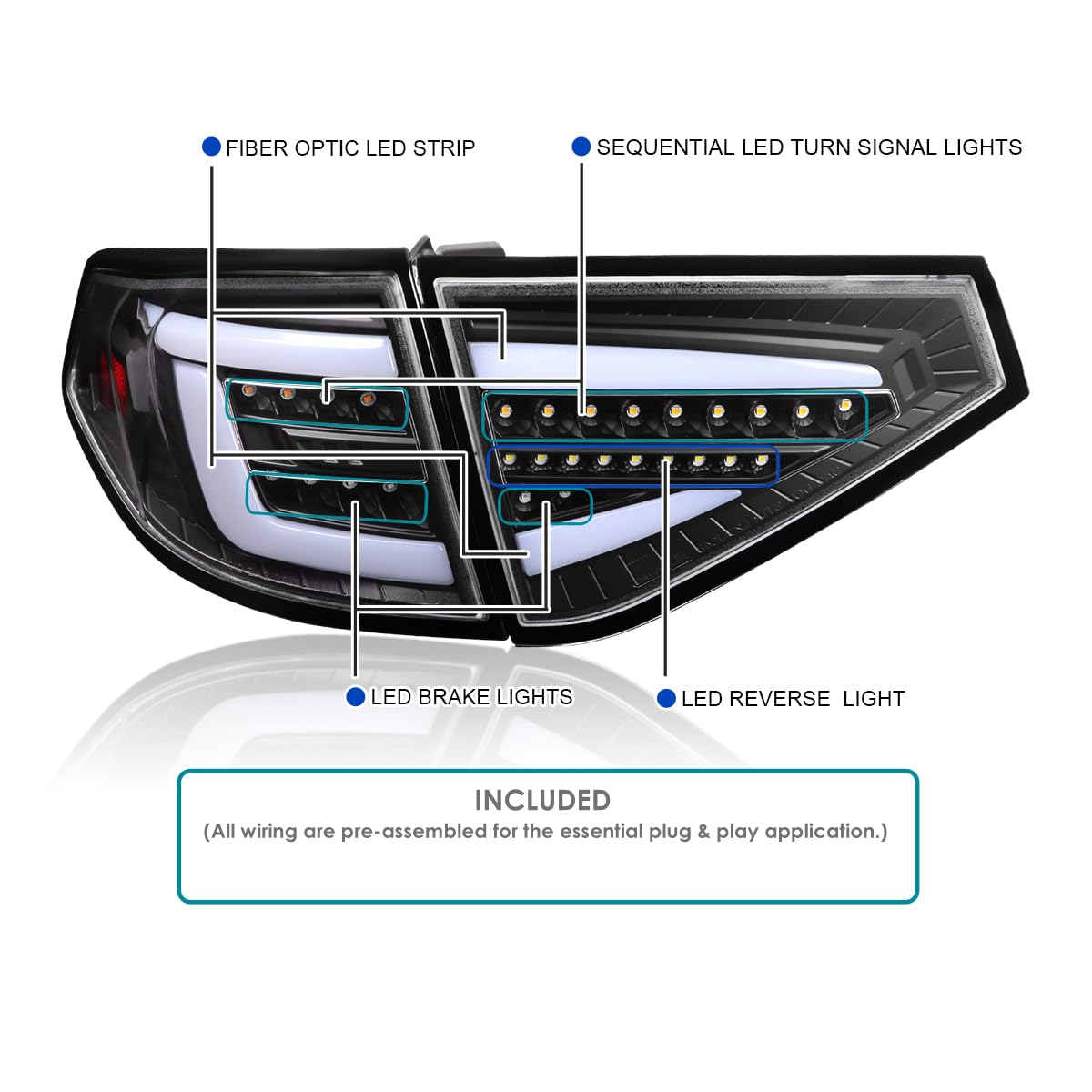 Black Sequential Tail Lights w/White LED Bar SPEC-D TUNING Compatible with 2008-2014 Subaru Impreza WRX Hatchback, Left + Right Pair Assembly