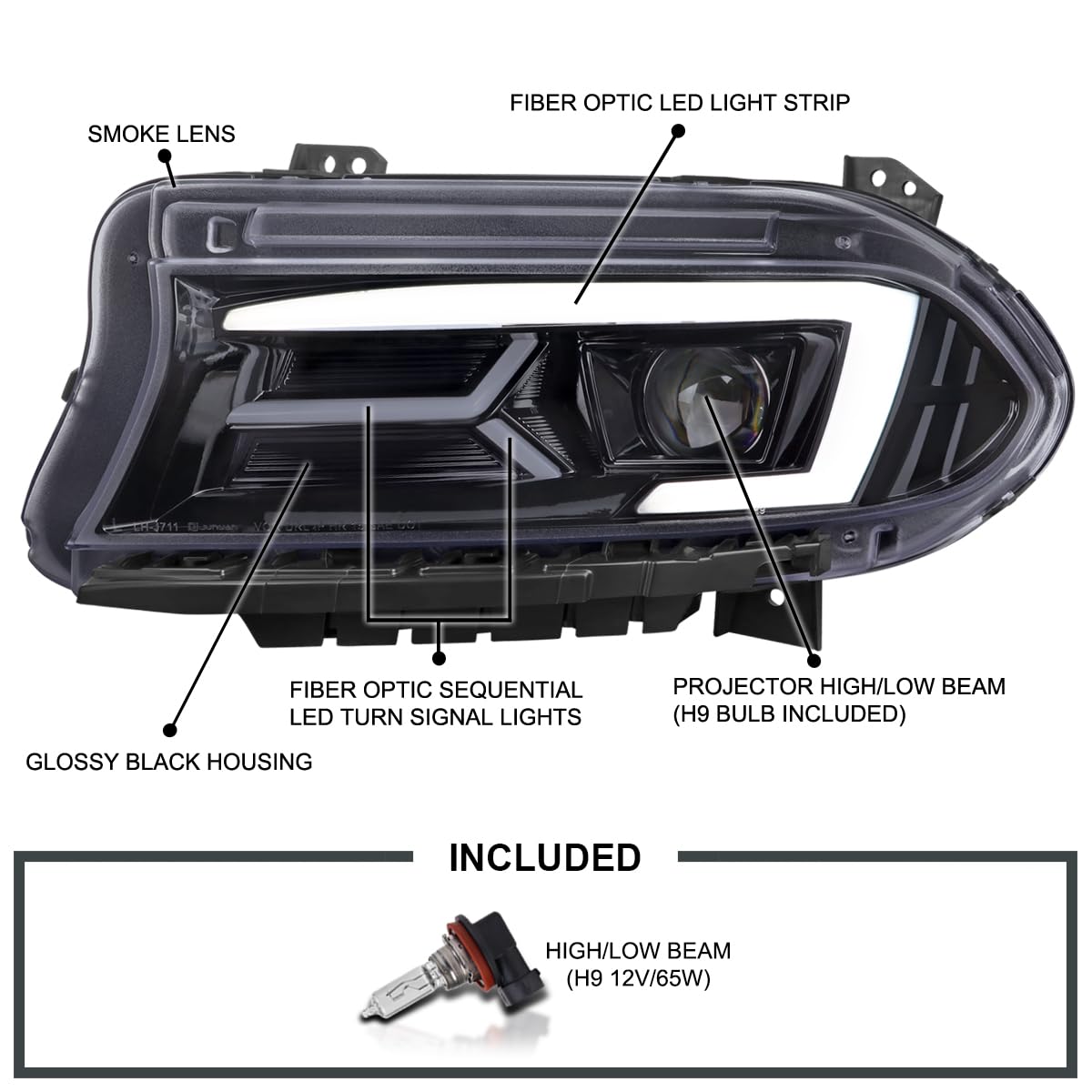 Glossy Black Smoke SPEC-D TUNING LED Projector Headlights w/Sequential Turn Signal Compatible with 2015-2023 Dodge Charger with factory halogen headlights