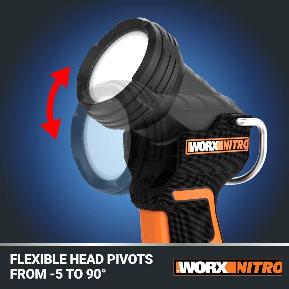 20V WORX Nitro LED Work Light PowerShare, 160/350 Lumens Portable Light, LED Flashlight with Flexible Pivoting Head WX025L.9 – Tool Only