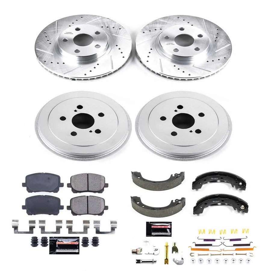 Power Stop K15227DK Z23 Carbon Fiber Brake Pads Front and Rear with Drilled & Slotted Brake Drums Kit For Toyota Corolla 2003-2008 [Model Specific]